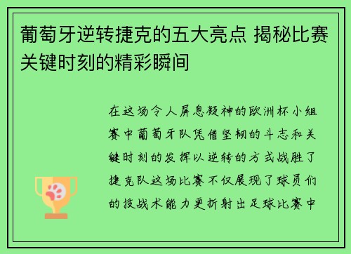 葡萄牙逆转捷克的五大亮点 揭秘比赛关键时刻的精彩瞬间
